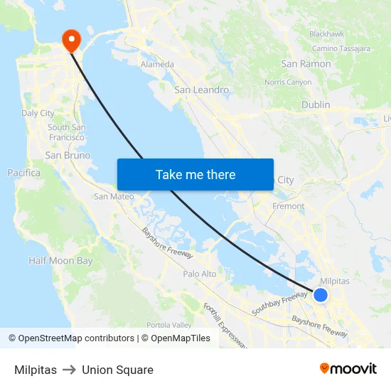 Milpitas to Union Square map