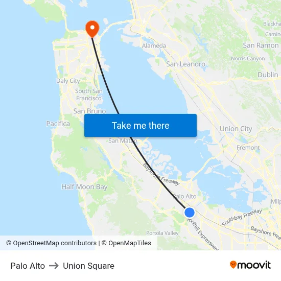 Palo Alto to Union Square map