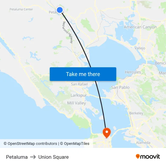 Petaluma to Union Square map