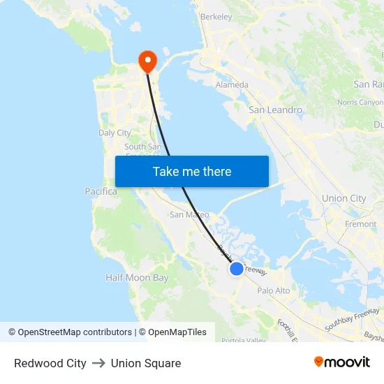 Redwood City to Union Square map