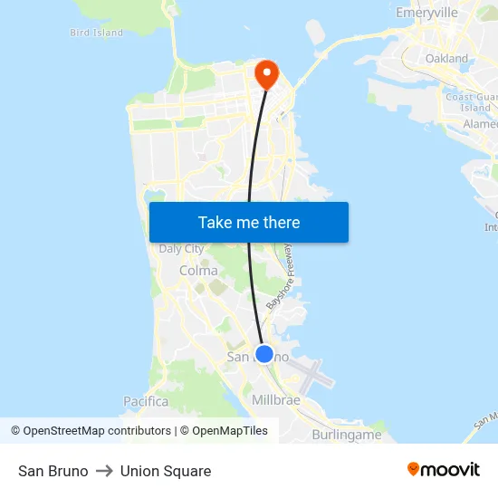 San Bruno to Union Square map