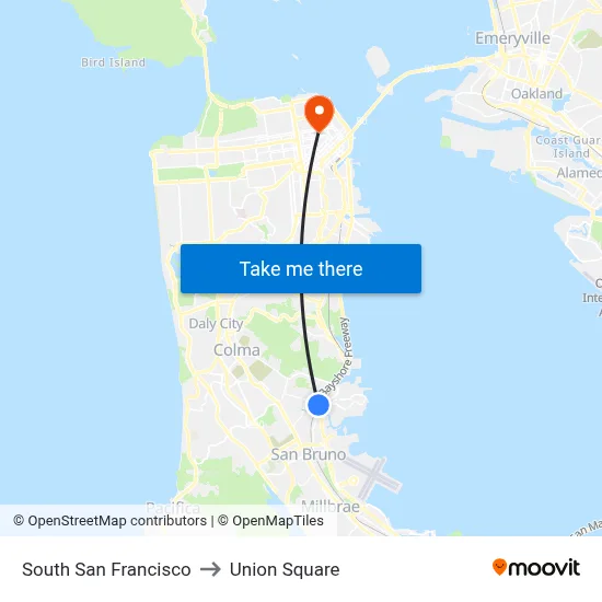 South San Francisco to Union Square map