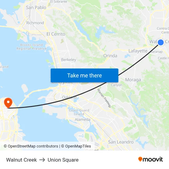 Walnut Creek to Union Square map