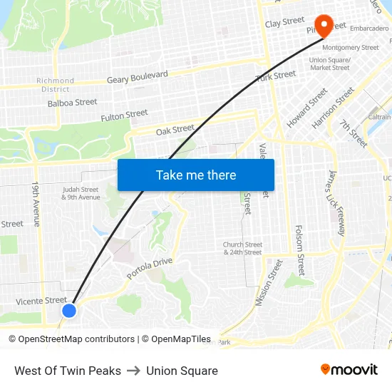 West Of Twin Peaks to Union Square map