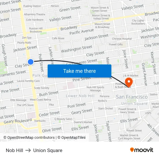 Nob Hill to Union Square map