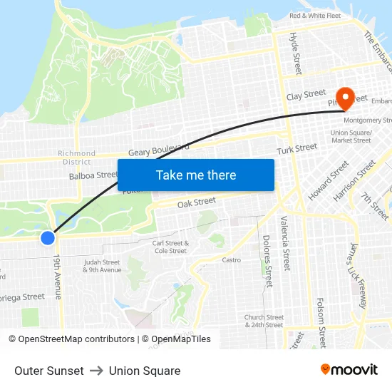 Outer Sunset to Union Square map
