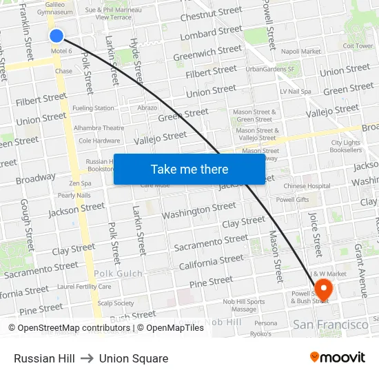 Russian Hill to Union Square map