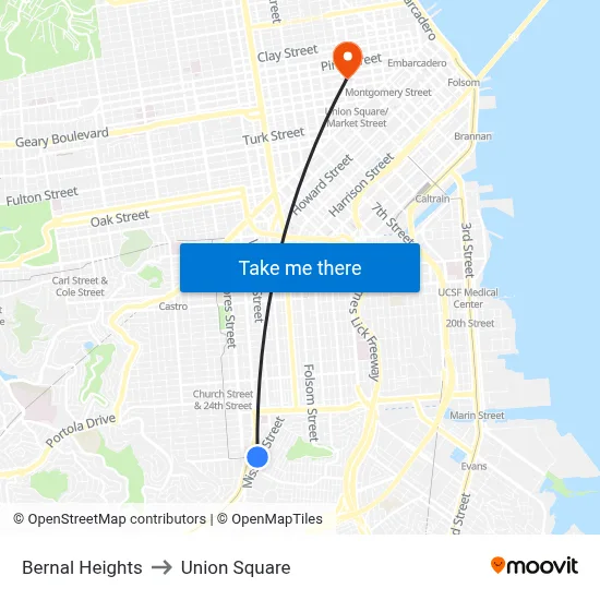 Bernal Heights to Union Square map