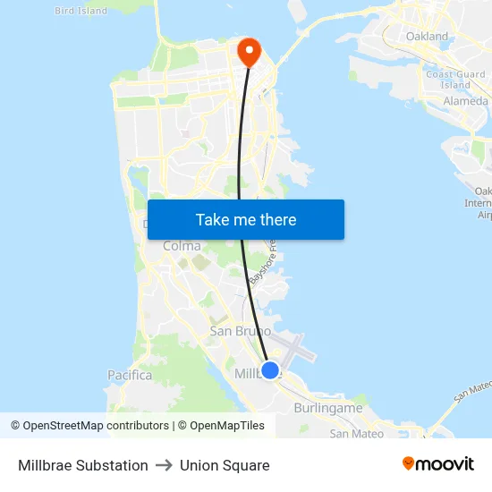 Millbrae Substation to Union Square map