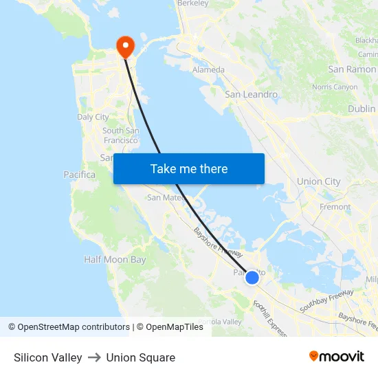 Silicon Valley to Union Square map