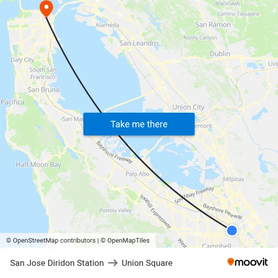 San Jose Diridon Station to Union Square map