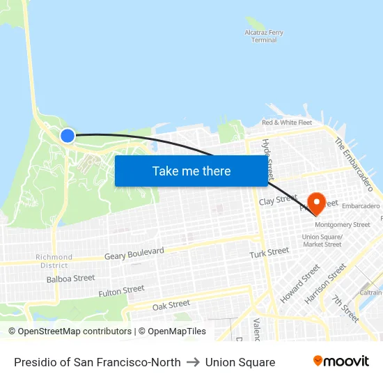 Presidio of San Francisco-North to Union Square map