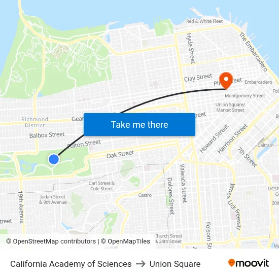 California Academy of Sciences to Union Square map