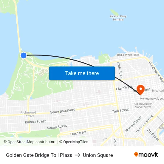 Golden Gate Bridge Toll Plaza to Union Square map