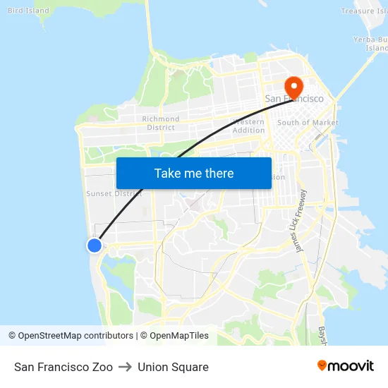 San Francisco Zoo to Union Square map