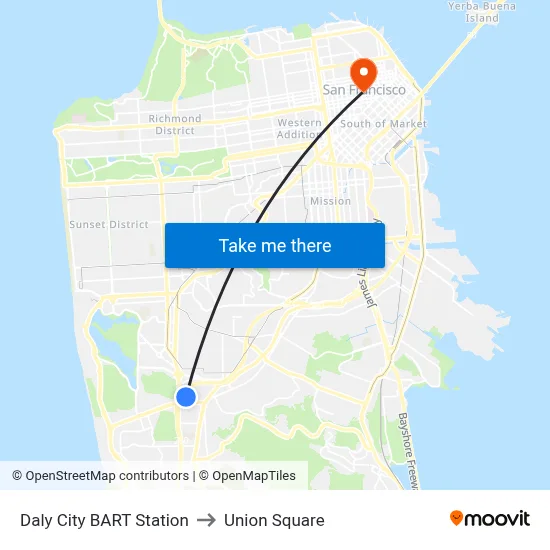 Daly City BART Station to Union Square map