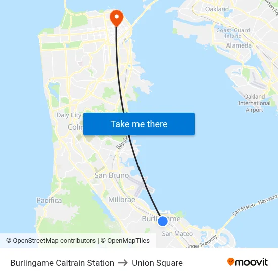 Burlingame Caltrain Station to Union Square map