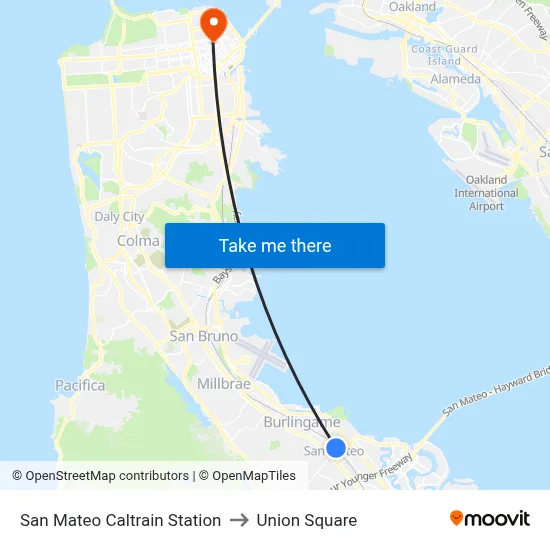San Mateo Caltrain Station to Union Square map
