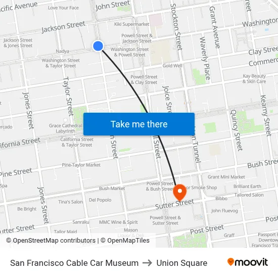 San Francisco Cable Car Museum to Union Square map