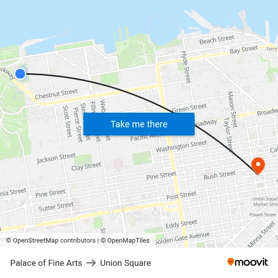 Palace of Fine Arts to Union Square map