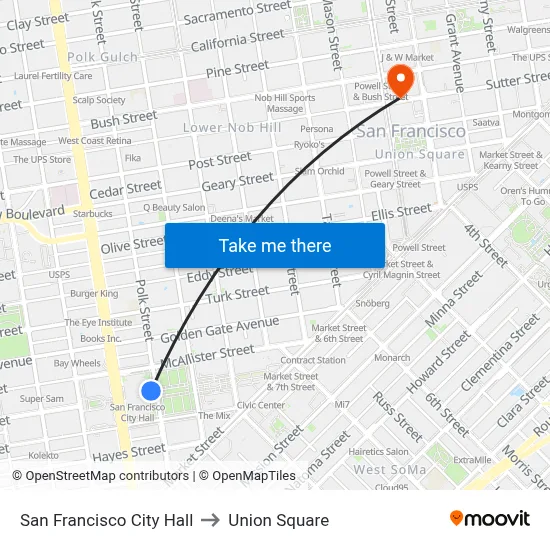 San Francisco City Hall to Union Square map