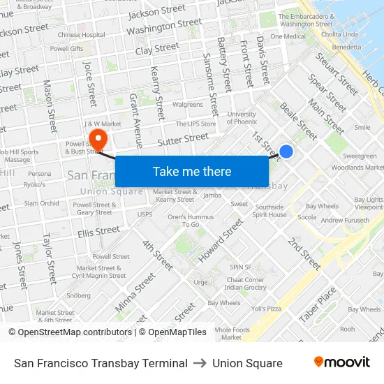 San Francisco Transbay Terminal to Union Square map