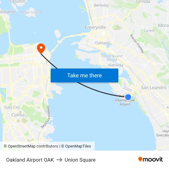 Oakland Airport OAK to Union Square map