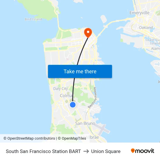 South San Francisco Station BART to Union Square map