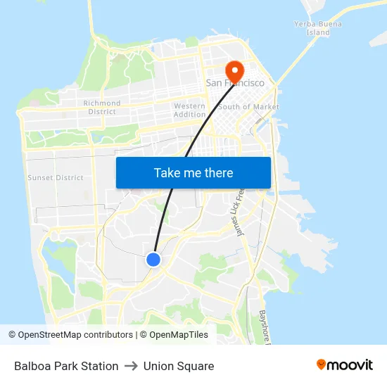 Balboa Park Station to Union Square map