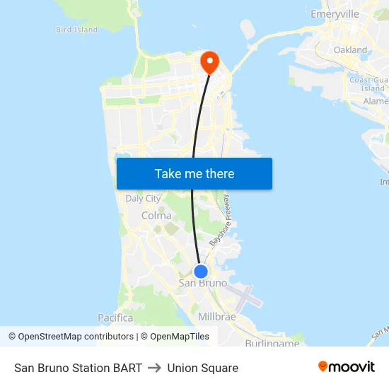 San Bruno Station BART to Union Square map