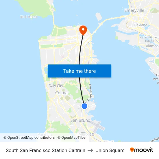 South San Francisco Station Caltrain to Union Square map