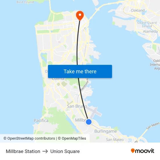 Millbrae Station to Union Square map