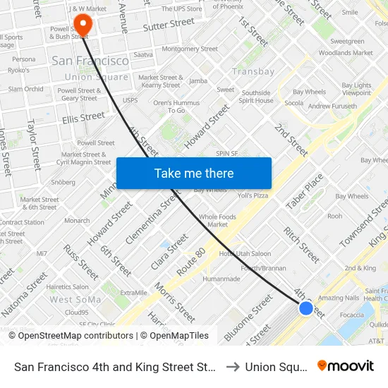 San Francisco 4th and King Street Station to Union Square map