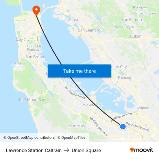 Lawrence Station Caltrain to Union Square map