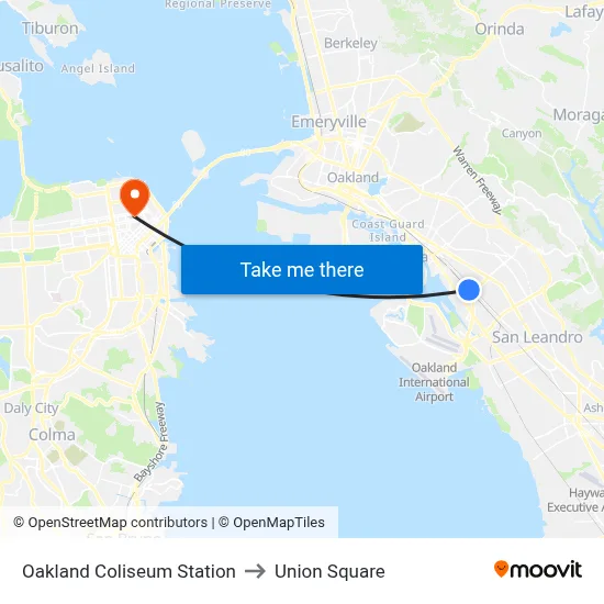 Oakland Coliseum Station to Union Square map