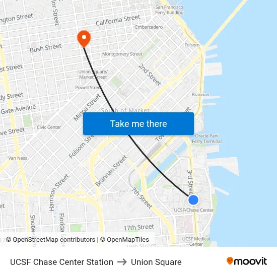 UCSF Chase Center Station to Union Square map
