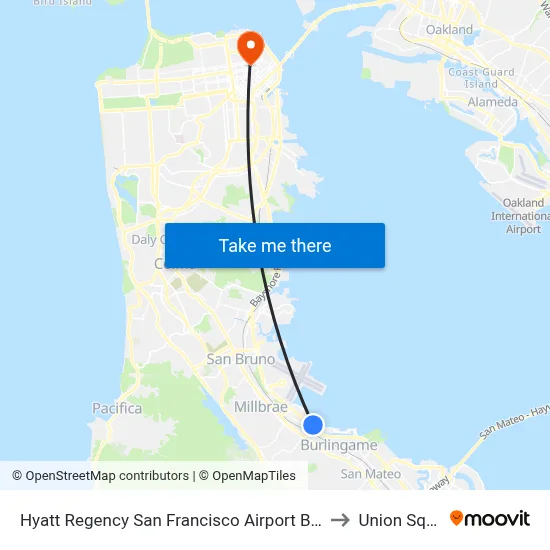 Hyatt Regency San Francisco Airport Burlingame to Union Square map