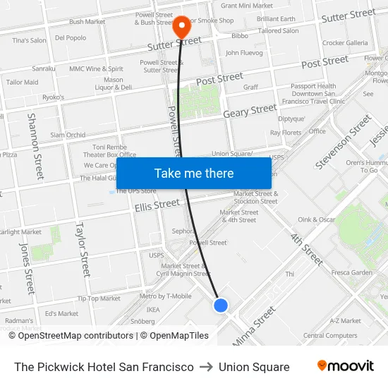 The Pickwick Hotel San Francisco to Union Square map