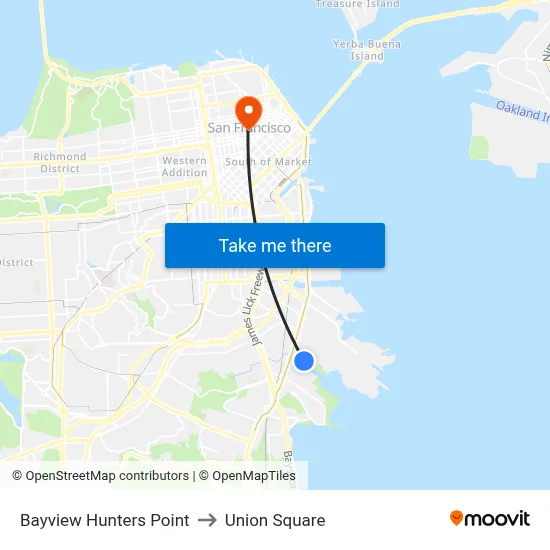 Bayview Hunters Point to Union Square map