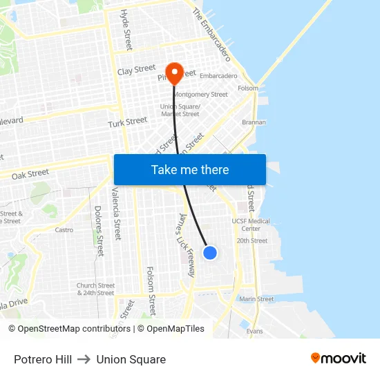 Potrero Hill to Union Square map
