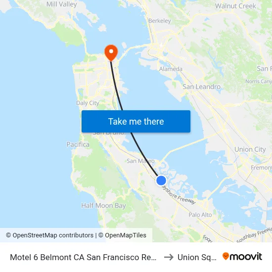 Motel 6 Belmont CA San Francisco Redwood City to Union Square map