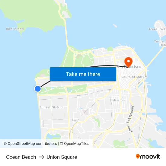 Ocean Beach to Union Square map