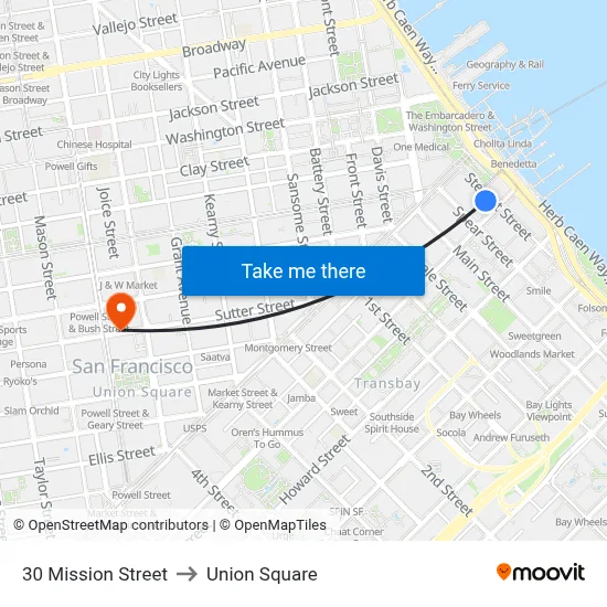 30 Mission Street to Union Square map