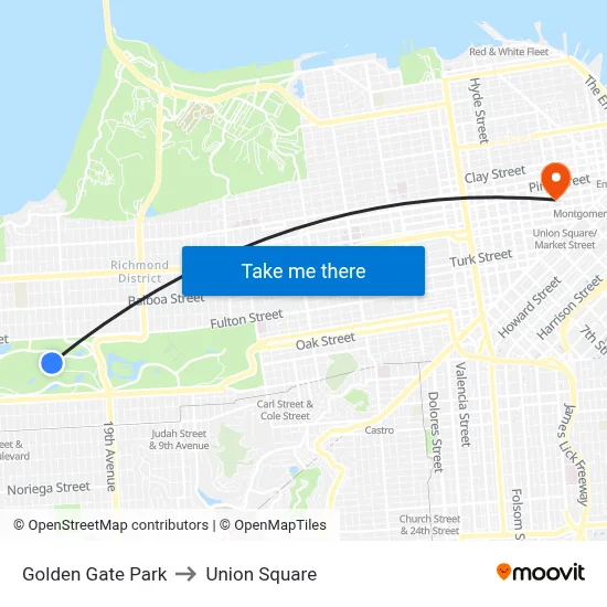 Golden Gate Park to Union Square map