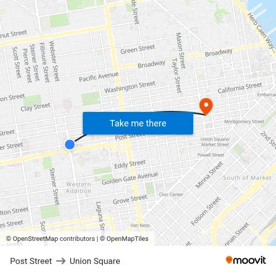 Post Street to Union Square map
