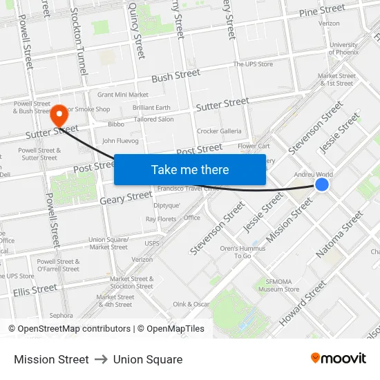 Mission Street to Union Square map