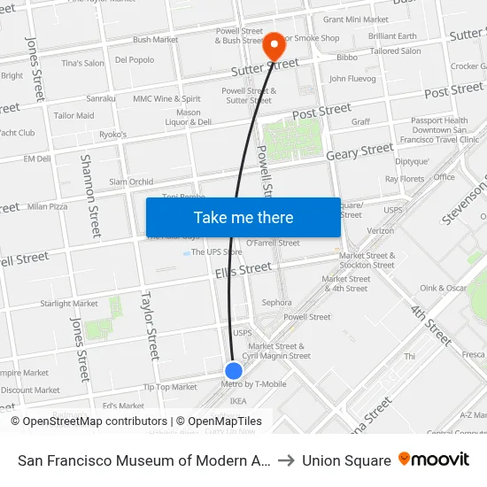 San Francisco Museum of Modern Art to Union Square map