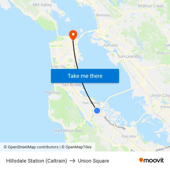 Hillsdale Station (Caltrain) to Union Square map
