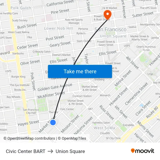 Civic Center BART to Union Square map
