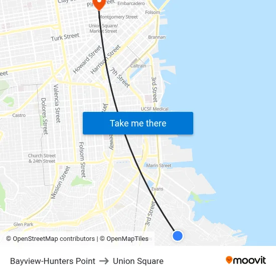 Bayview-Hunters Point to Union Square map